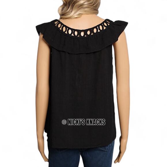 Max Studio Black Flutter Sleeve Blouse Lattice Neckline Cotton Blend Size XS - Picture 5 of 8
